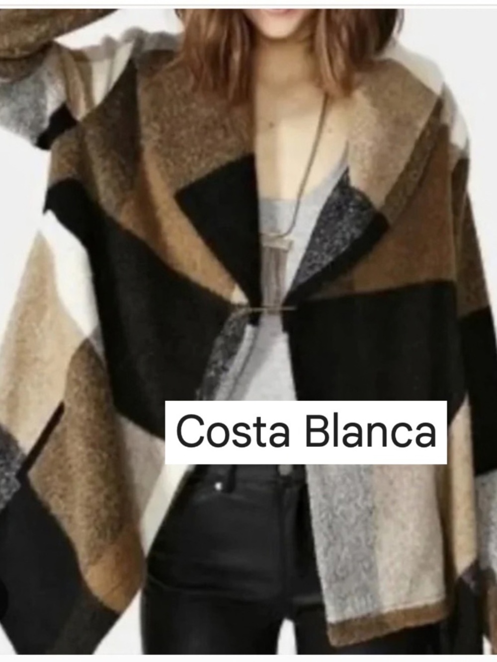 Costa Blanca Wool plaid open front cape/jacket, S, CB2827